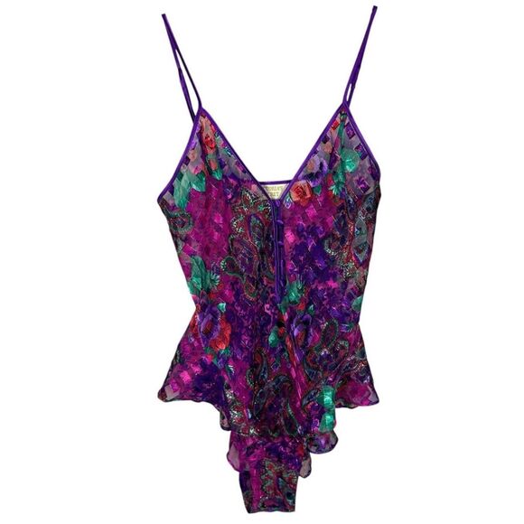 Vintage Victoria’s Secret Y2K Sheer Floral Bodysuit SlipPurple PaisleyM